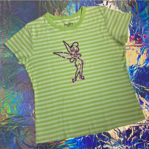 Disney Green Striped Tinker Bell Women’s Size M Embroidered w Sequins Stretch - Picture 9 of 9